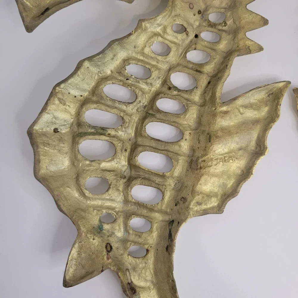 Vintage Solid Brass Sea Horse Wall Hangings Pair 14” & 12” Japan